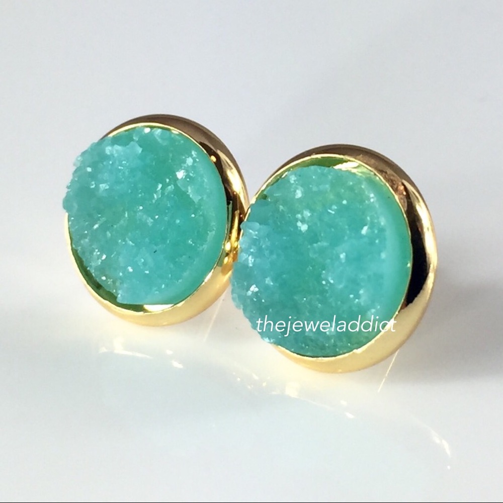 3 for 15🎀chunky Aqua Drusy style gold studs - Picture 3 of 7